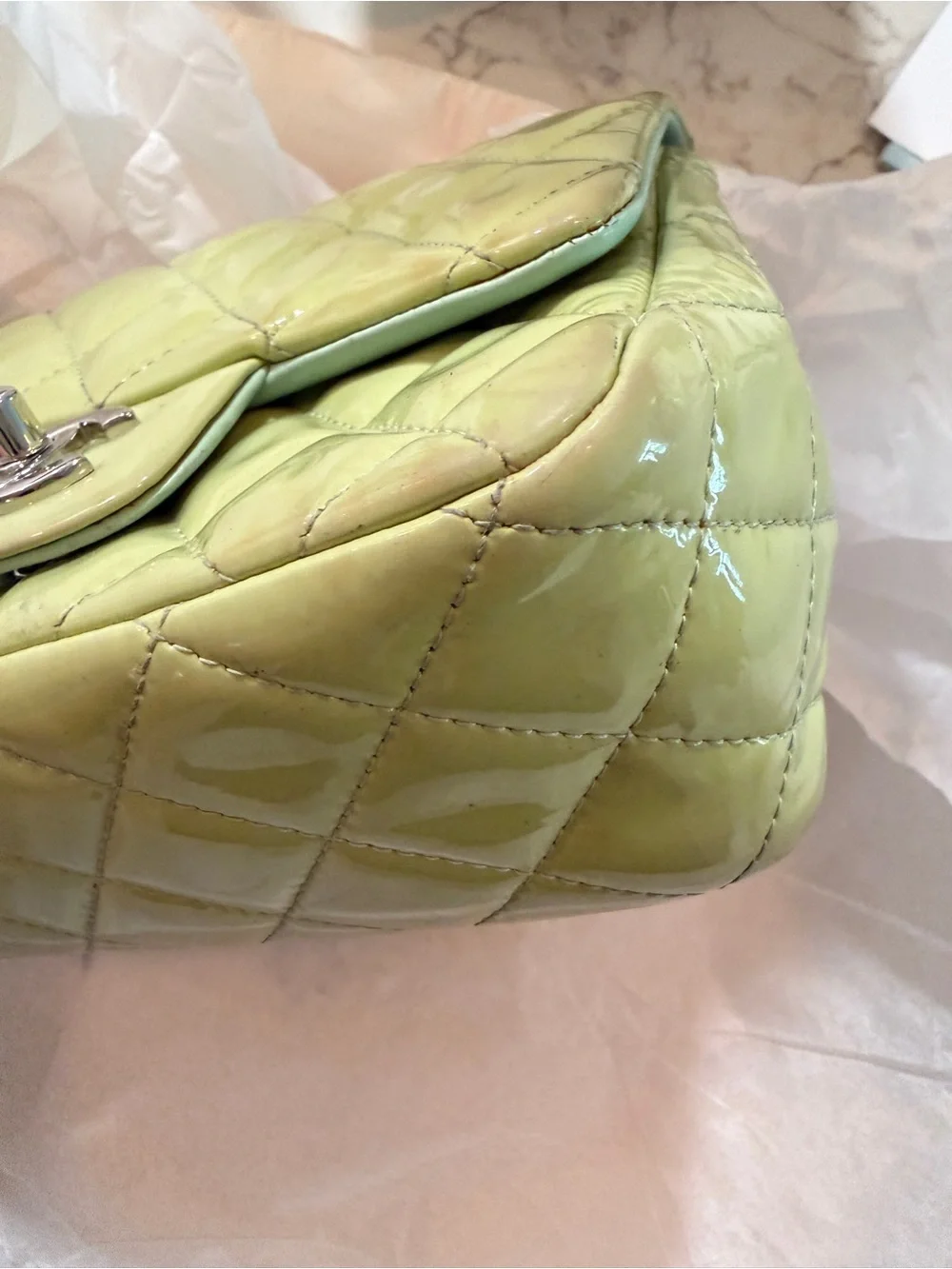 CHANEL Quilted Patent Leather Mini Flap Bag in Lime